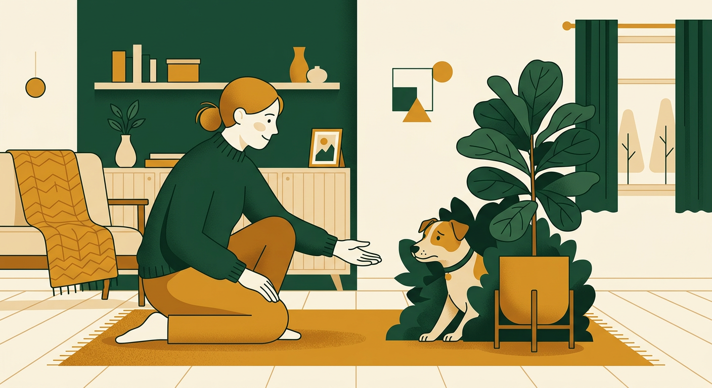 Illustration of a person kneeling calmly and offering a hand to a nervous dog hiding behind a houseplant