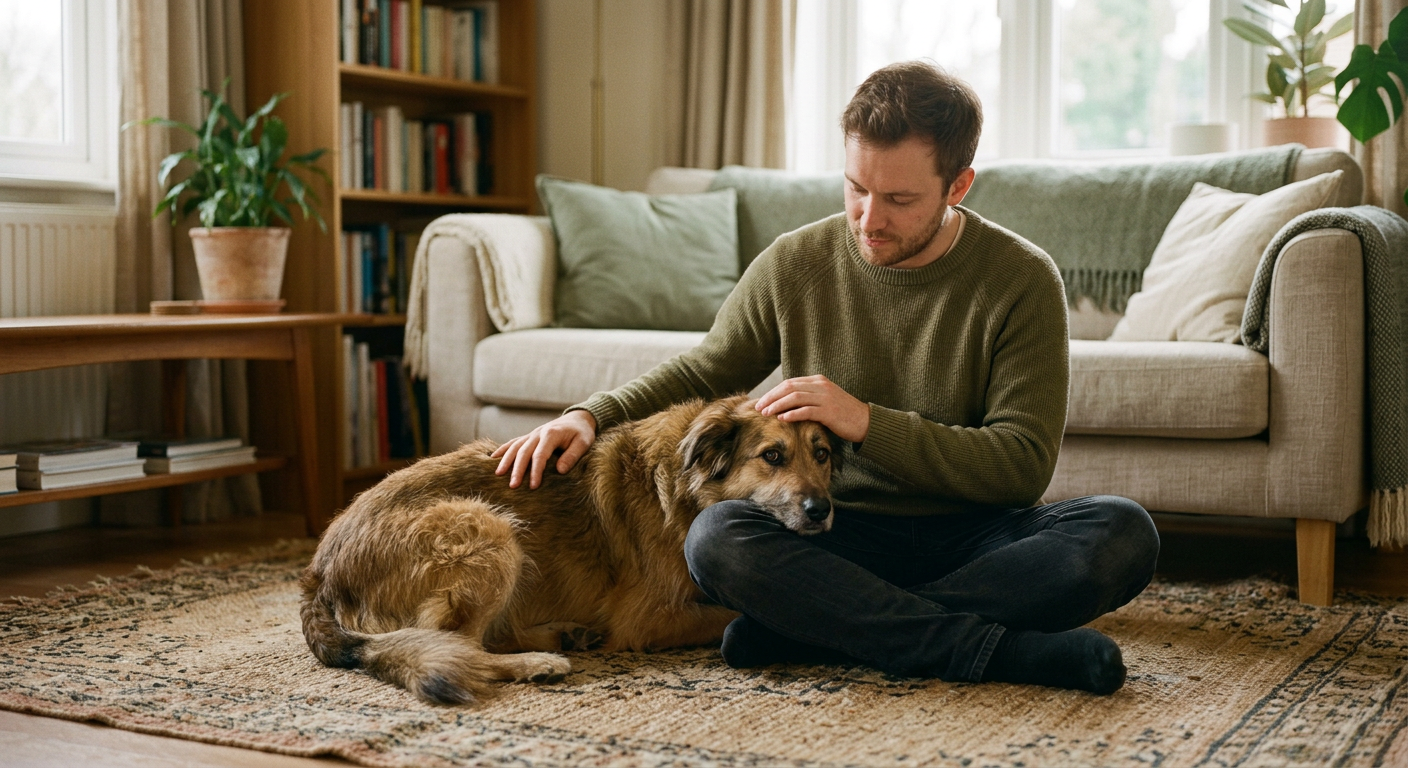 A man sits on the floor of his living room calmly petting a nervous rescue dog that is leaning against him