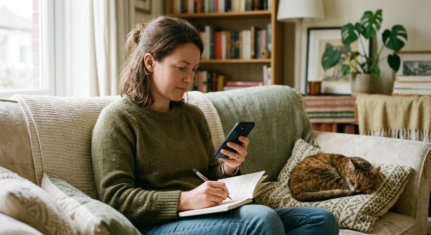 A woman on her sofa writing in a notebook while checking her phone, with a rescue cat asleep beside her